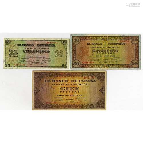 Banco de Espana. 1938. Group of 7 Issued Notes.