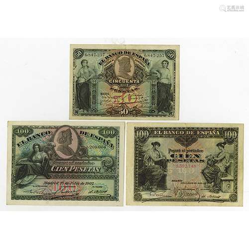 Banco de Espana. 1906-1907. Trio of Issued Notes.