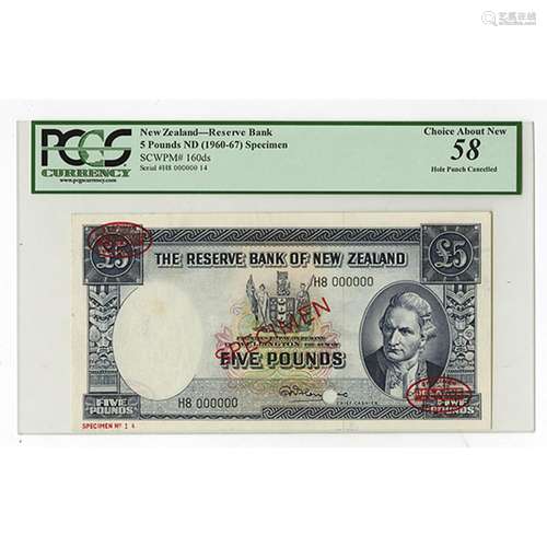 Reserve Bank of New Zealand, ND (1960-67) Specimen Banknote.