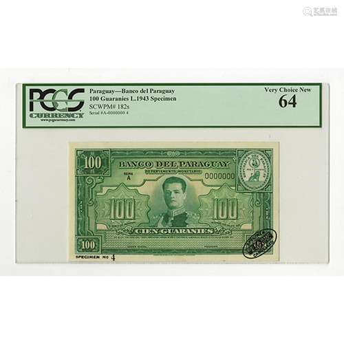 Banco Del Paraguay, L.1943 Specimen Banknote.