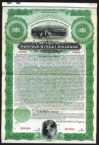 Norfolk Street Railroad Co. 1898 Specimen Bond.