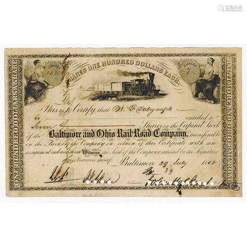 Baltimore & Ohio Rail Road Co., 1858 Stock Certificate Signed by John Hopkins as President.