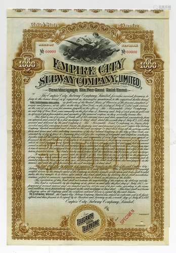 Empire City Subway Co., Ltd., 1892 Specimen Bond.