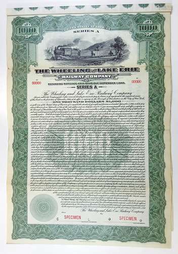 Wheeling and Lake Erie Railway Co., 1916 Specimen Bond.