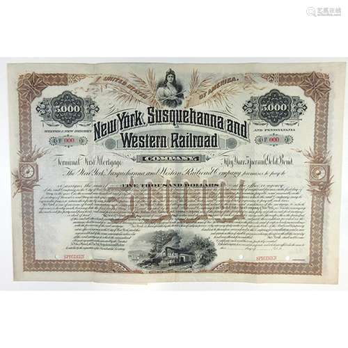 New York, Susquehanna and Western Railroad Co. 1893 Specimen Registered Bond.