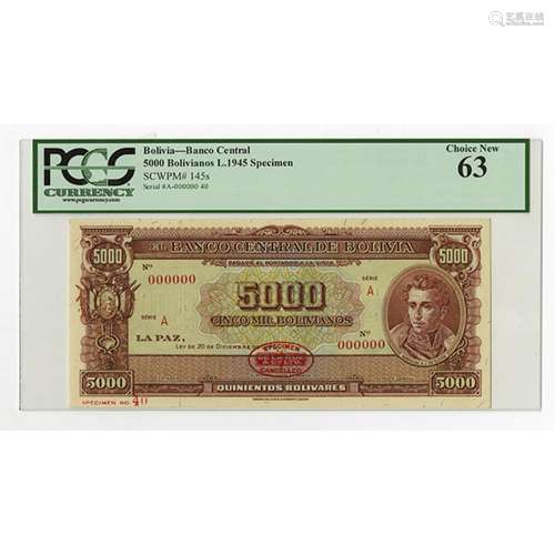 Banco Central de Bolivia, L.1945 Specimen Banknote.