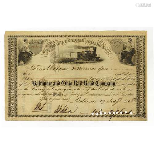 Baltimore & Ohio Rail Road Co., 1858 Stock Certificate Signed by John Hopkins as President.