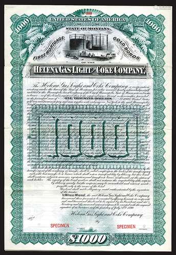 Helena Gas Light and Coke Co., 1890 Specimen Bond.