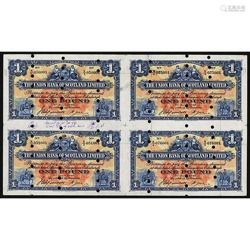 Union Bank of Scotland, Ltd, Archival Specimen, 1924 Issue Uncut Sheet of 4.