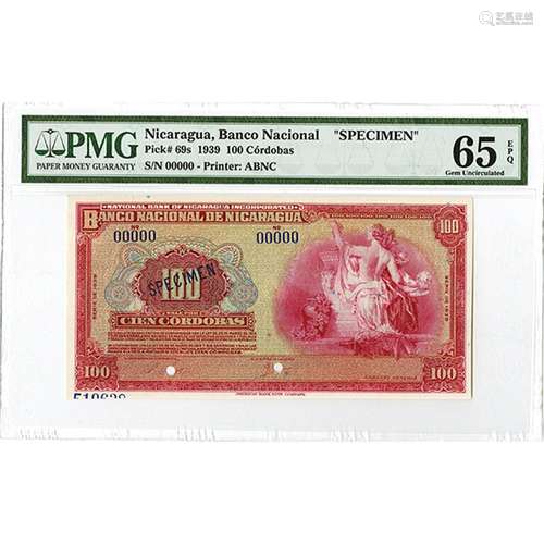 Banco Central de Nicaragua, 1939, Specimen Banknote Rarity.