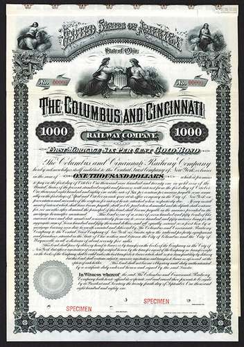 Columbus and Cincinnati Railway Co. 1881 Specimen Bond.