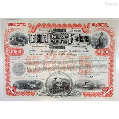 Central Railroad of New Jersey, 1887 Specimen Bond.