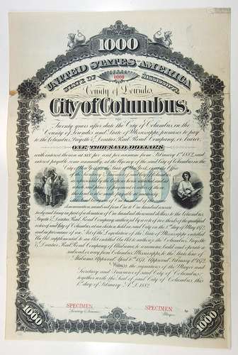 City of Columbus, County of Lewndes, 1882 Specimen Bond.