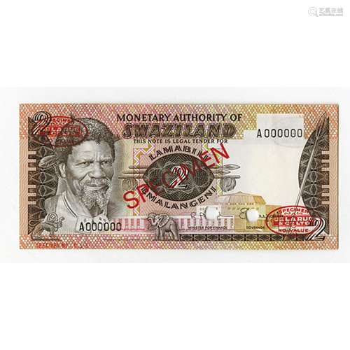 Monetary Authority of Swaziland, ND (1974) Specimen Banknote.