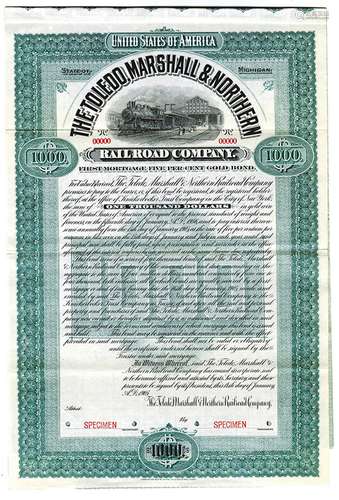 Toledo, Marshall & Northern Railroad Co., 1905 Specimen Bond