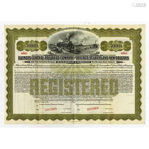 Illinois Central Railroad Co. and Chicago, St. Louis and New Orleans Railroad Co., 1913 Specimen Bond.