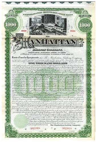 Manhattan Railway Co., 1890 Specimen Bond