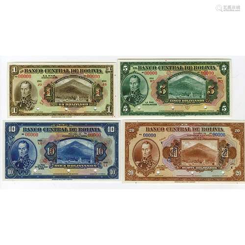 Banco Central De Bolivia, 1962 Lot of 4 Specimen Banknotes.