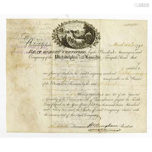 Philadelphia and Lancaster Turnpike, 1795 Stock Certificate Signed by William Bingham.