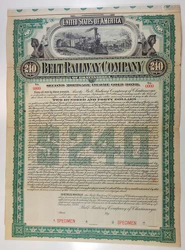 Belt Railway Company of Chattanooga, 1895 Specimen $240 Gold Bond.