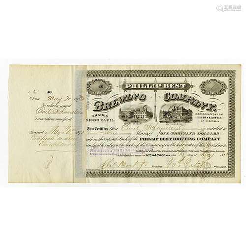 Phillip Best Brewing Co. 1873, Stock Certificate with Fred Pabst and Charles Best Signatures.