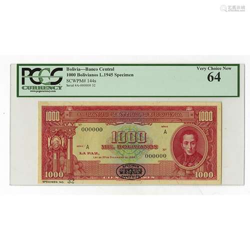 Banco Central de Bolivia, L.1945 Specimen Banknote.