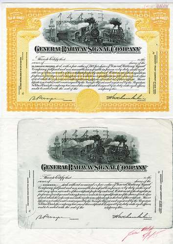 General Railway Signal Co. 1953 Proof Stock Certificate Pair.