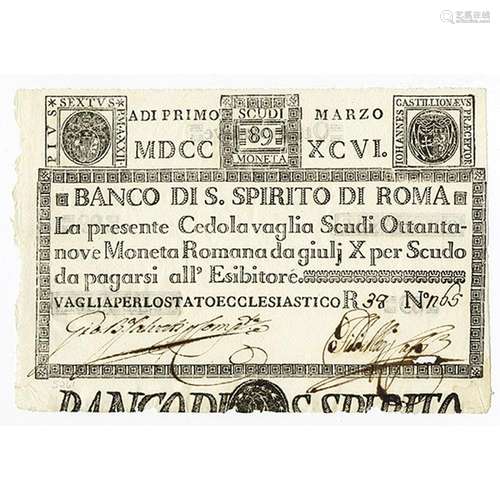 Banco Di S. Spirito Di Roma, 1786 Issue Banknote.