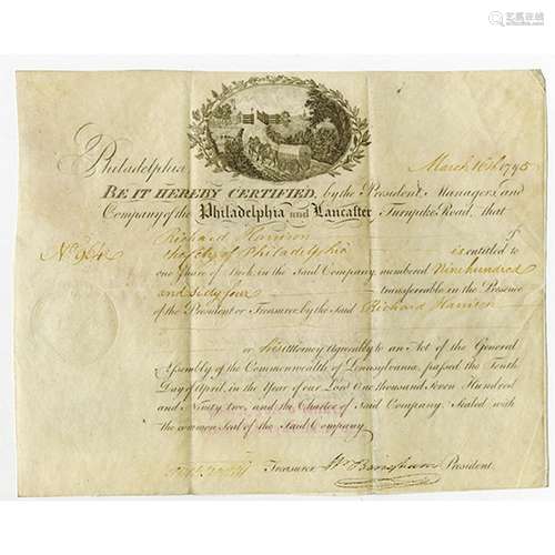 Philadelphia and Lancaster Turnpike, 1795 Stock Certificate Signed by William Bingham.