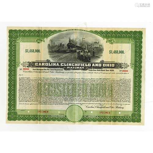 Carolina, Clinchfield and Ohio Railway Co. 1908 Specimen Registered Gold Bond.