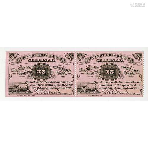 Cairo & St. Louis Railroad 1877 Uncut Obsolete Scrip Note Pair.