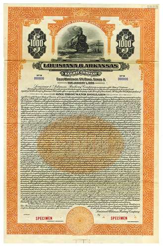 Louisiana & Arkansas Railway Co., 1929 Specimen Bond