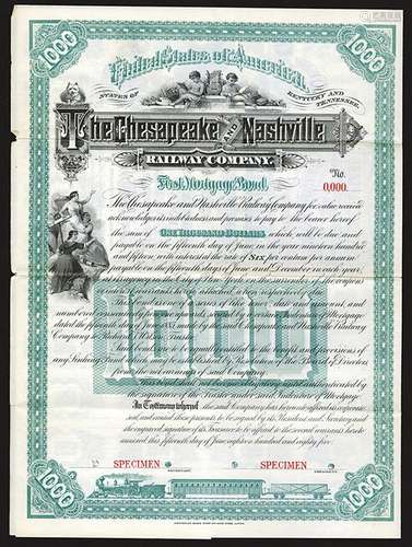 Chesapeake and Nashville Railway Co. 1885 Specimen Bond