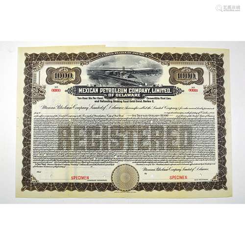 Mexican Petroleum Co., Ltd. of Delaware. 19xx,ca.1921 Specimen Bond..