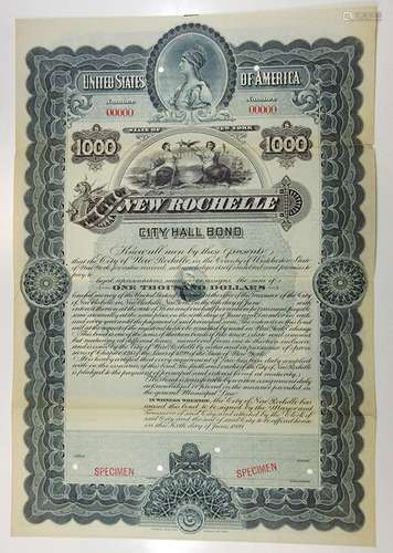 City of New Rochelle, City Hall Bond, 1899 Specimen Bond.