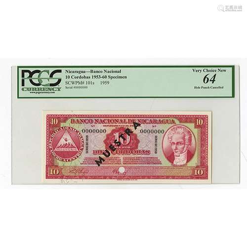 Banco Nacional De Nicaragua Serie de 1959, Specimen Banknote.