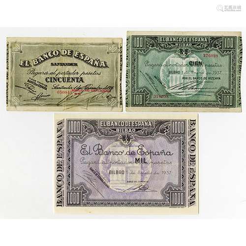 Banco de Espana - Bilbao & Santander. 1936-1937. Trio of Issued Notes.