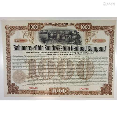 Baltimore and Ohio Southwestern Railroad Co. 1889 Specimen Bond.