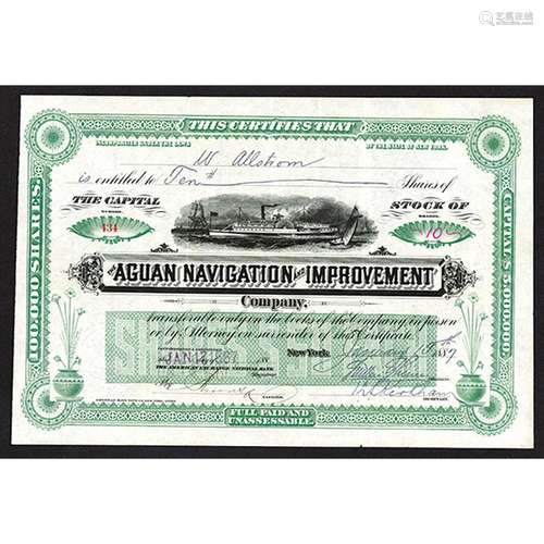 Aguan Navigation & Improvement Co. 1887 Issued Stock Certificate.