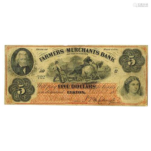 Farmers and Merchants Bank of Cecil County, 1863 Issued Obsolete Banknote.