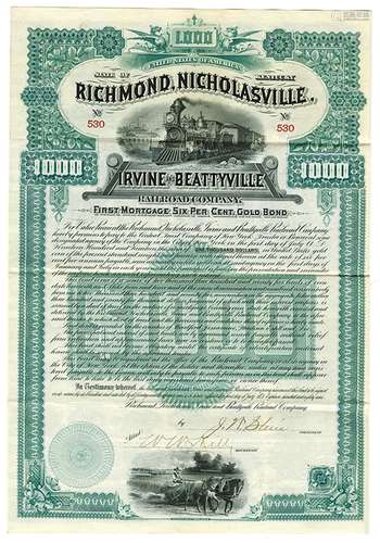 Richmond, Nicholasville, Irvine and Beattyville Railroad Co., 1889 Issued Bond.