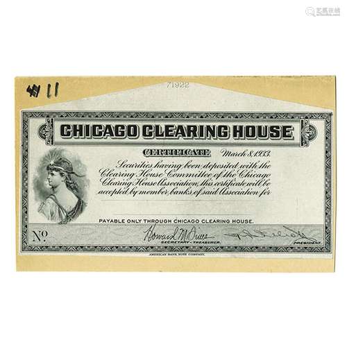 Chicago Clearing House, 1933 Proof Depression Scrip Note.