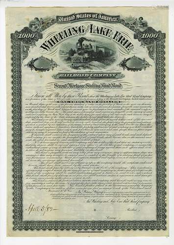 Wheeling and Lake Erie Railroad Co., 1882 Specimen Bond.