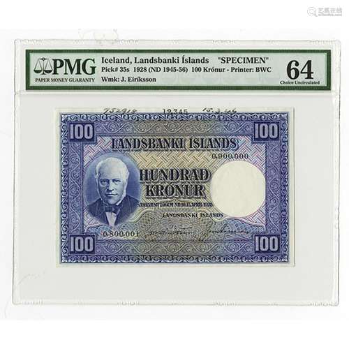 Landsbanki Islands, 1928 (ND 1945-1956), Specimen Banknote