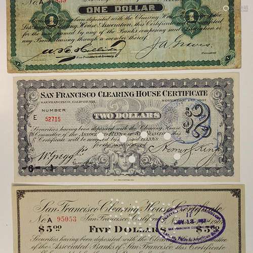 Los Angeles & San Francisco Clearing House. 1907. Trio of Issued Panic Scrip.