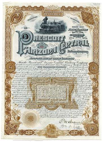 Prescott and Arizona Central Railway Co., 1885 Issued Gold Bond.