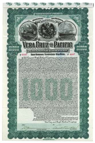 Vera Cruz and Pacific Railroad Co., 1904 Issued Stock Certificate.