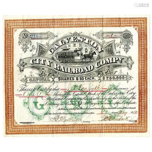 Galveston City Railroad Co., 1882 Issued and Uncancelled Stock Certificate.