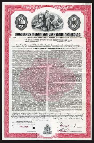 Eriksbergs Mechanical Works Inc., 1967 Specimen Bond