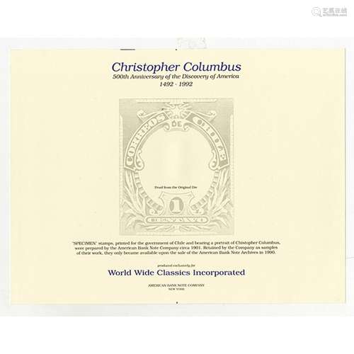 Christopher Columbus, 500th Anniversary of the Discovery of America. 1992 Souvenir Card with proof Chile 1 Centavo Stamp Pair.